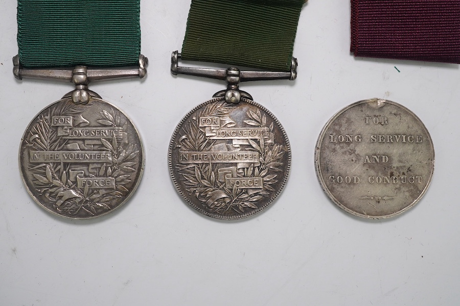 Three LSGC medals; Vict LSGC disc only to 3448 Pens'd Gnr John French Coast Bde R.A.; Vict Volunteer Long Service medal (renamed) to Sergt-William Appleby- 2nd V.B.Glouc-Regt; GV Volunteer Long Service medal to Pte.G.F.H